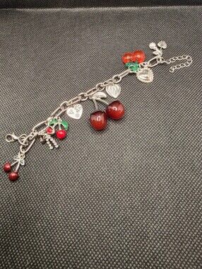 Cherry Charm Bracelet - Red Enamel Dangle Charms. Silver Color.